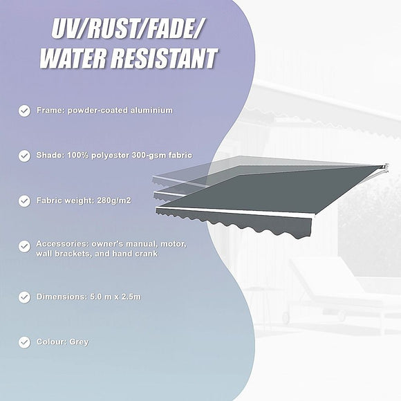 Motorised Outdoor Folding Arm Awning Retractable Sunshade Canopy Grey 5.0m x 2.5m