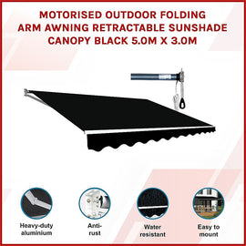 Motorised Outdoor Folding Arm Awning Retractable Sunshade Canopy Black 5.0m x 3.0m - 0