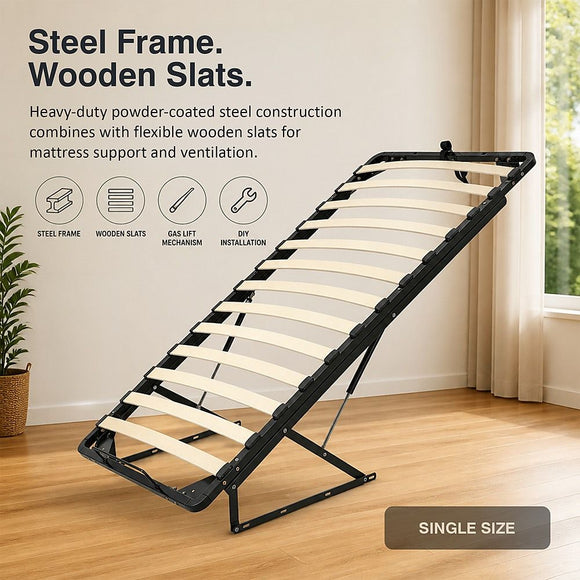 Gas Lift Bed Mechanism – Single Bed Frame with Wooden Slats