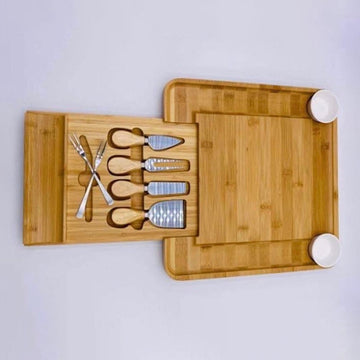Bertha Bamboo Cheese Charcuterie Board and Knife Set 9 piece Square 34cm Free Delivery - 0