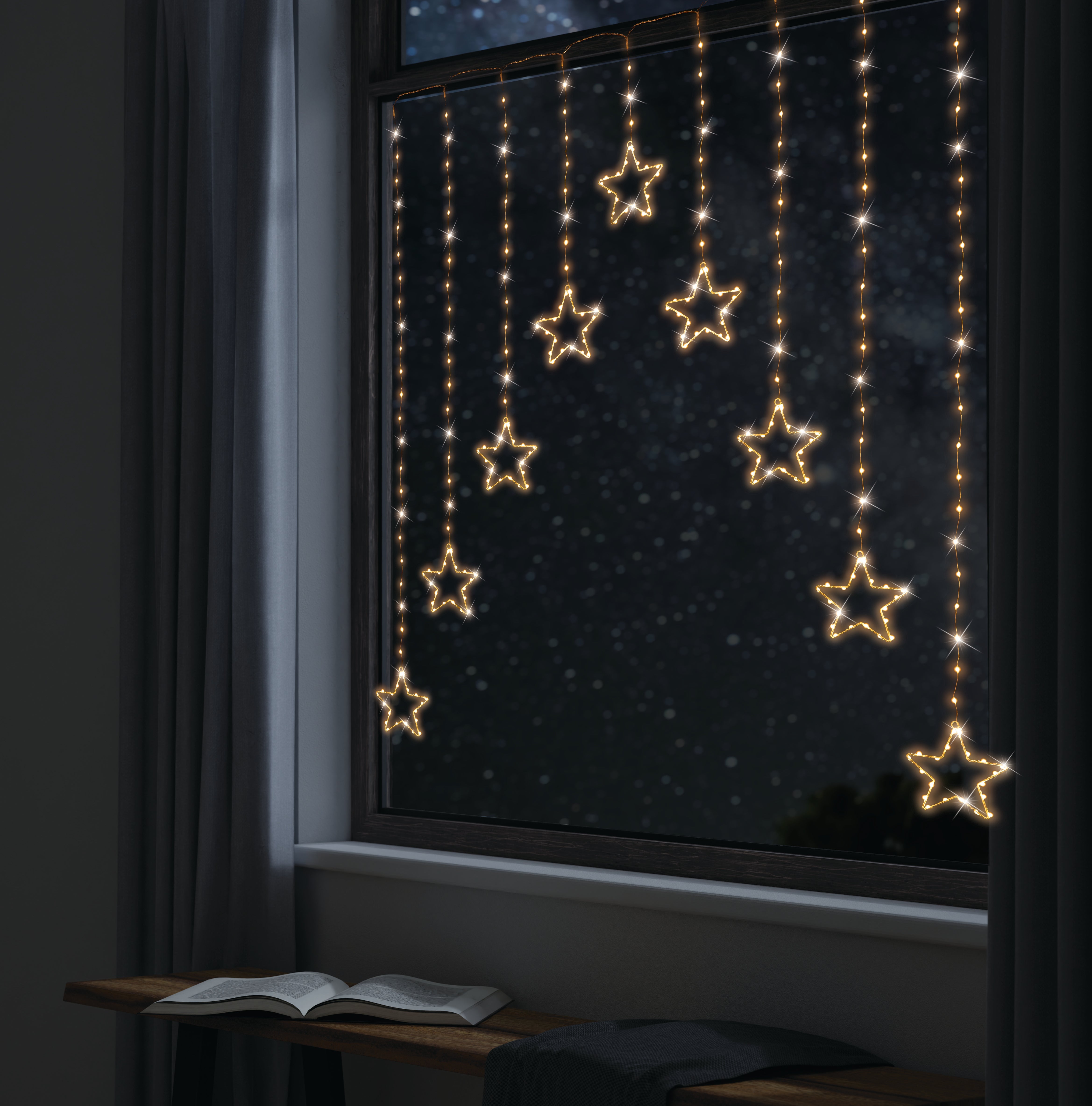 LED Wire Star Curtain Gold Lights - 0