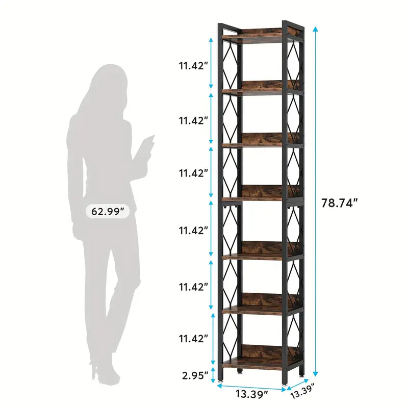 NNETMLT 78.7 Inch Extra Tall 7 Tier Skinny Bookcase, Rustic Brown - 0