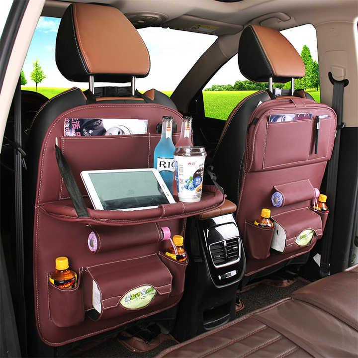 Chocolate Leather Car Backseat Organizer with Foldable Tray Table & Trash Bag - Multi-functional Car Storage Solution - 0