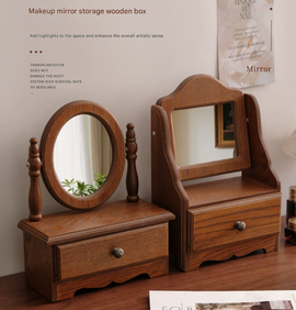 Round Mirror with Drawer Orbicular Wooden Tabletop Vanity Mirror Elegant Design - 0