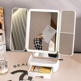 Elegant Tri-Fold Shell LED Vanity Mirror - Smart Makeup Gift with Storage & Illumination