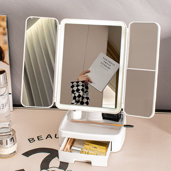 Elegant Tri-Fold Shell LED Vanity Mirror - Smart Makeup Gift with Storage & Illumination