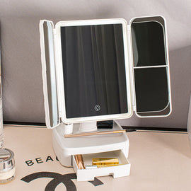 Elegant Tri-Fold Shell LED Vanity Mirror - Smart Makeup Gift with Storage & Illumination - 0