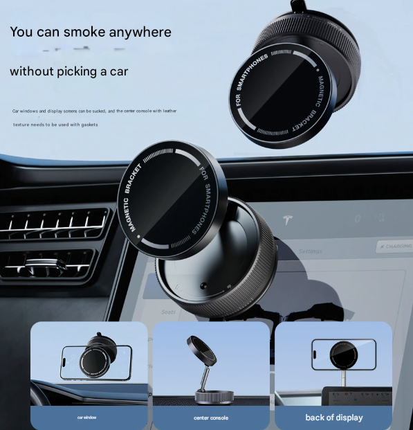 Black Magnetic Car Phone Mount - 66x66x34mm with Adjustable Bracket for Easy Smartphone Access - 0