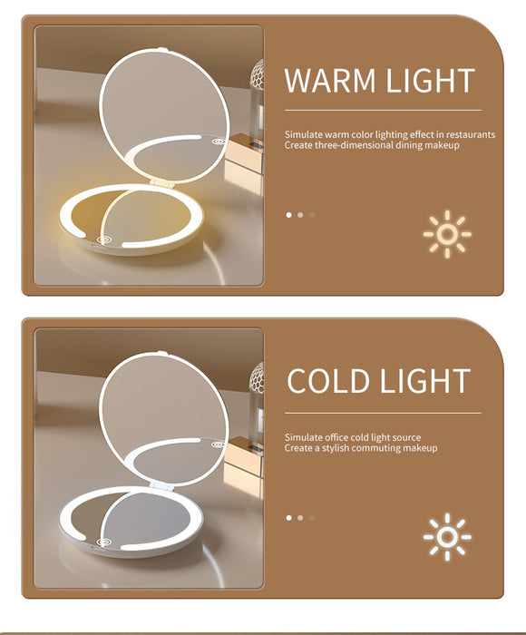 Khaki Portable LED Makeup Mirror with Tricolor Lights - Rechargeable Folding Travel Mirror