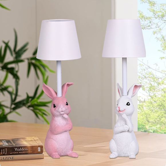 Grey Bunny Black Lampshade Adorable Rabbit Resin Table Lamp - 3-Color LED, USB Rechargeable, Touch Dimming