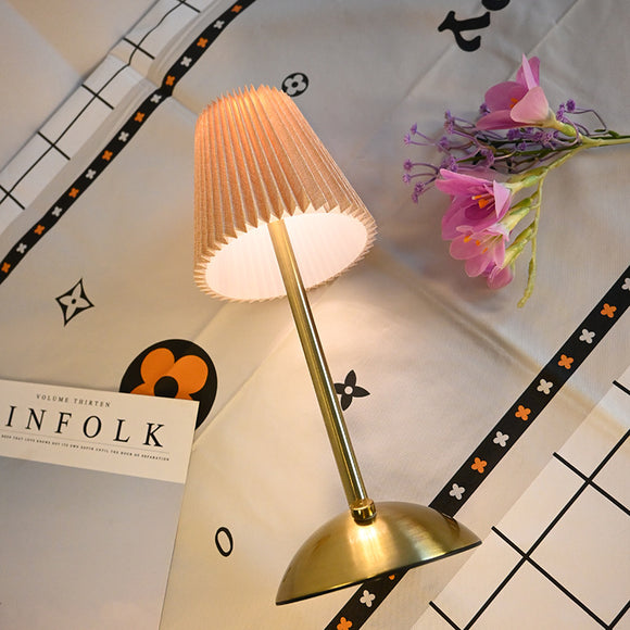 Khaki Elegant Pleated Fabric Table Lamp - 3-Color LED, USB Rechargeable, Touch Dimming