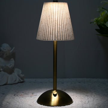 Beige Elegant Pleated Fabric Table Lamp - 3-Color LED, USB Rechargeable, Touch Dimming