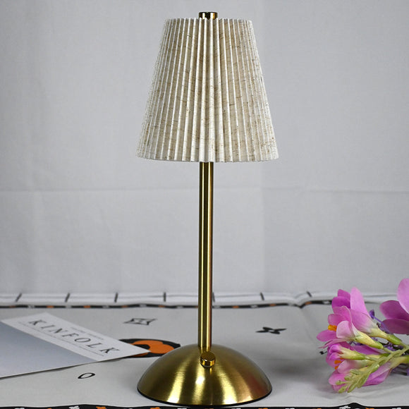 Beige Elegant Pleated Fabric Table Lamp - 3-Color LED, USB Rechargeable, Touch Dimming