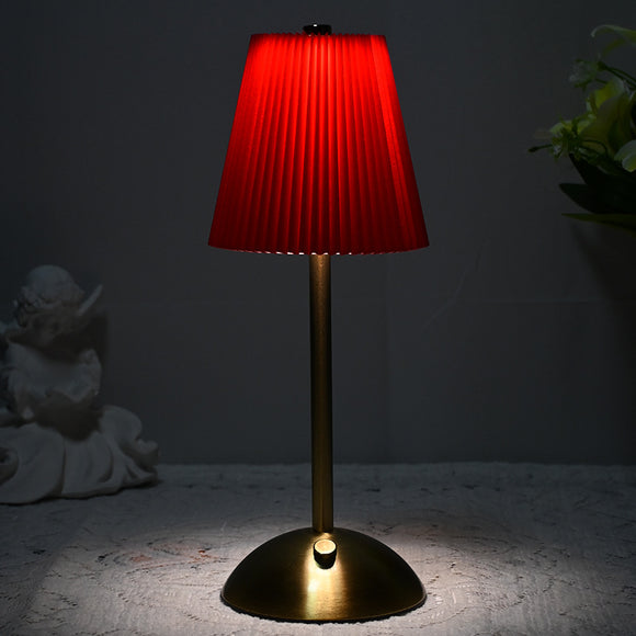 Red Elegant Pleated Fabric Table Lamp - 3-Color LED, USB Rechargeable, Touch Dimming