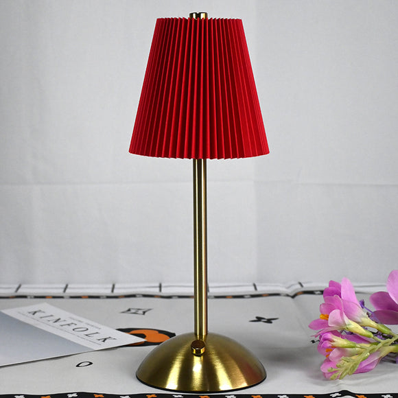Red Elegant Pleated Fabric Table Lamp - 3-Color LED, USB Rechargeable, Touch Dimming