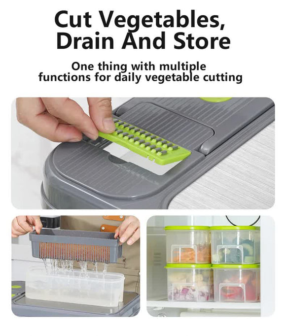 Green And Grey Ultimate 12-in-1 Multi-Functional Vegetable Slicer Dicer Chopper - Mandoline with Storage Containers & Drain Basket