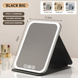 Black Large Foldable LED Makeup Mirror - Portable Desktop Vanity with 3 Color Lights, Stepless Dimming & Adjustable Stand