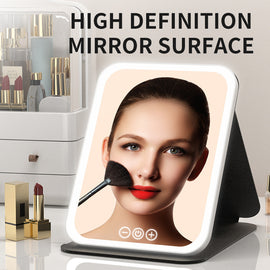 Black Large Foldable LED Makeup Mirror - Portable Desktop Vanity with 3 Color Lights, Stepless Dimming & Adjustable Stand - 0
