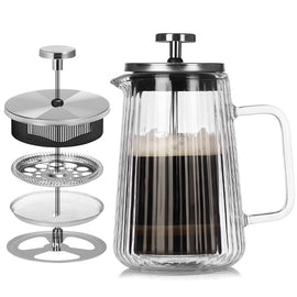 Transparent Elegant Ribbed Double Wall Glass French Press - 1000ml Heat Resistant Coffee and Tea Maker with Stainless Steel Filter - 0