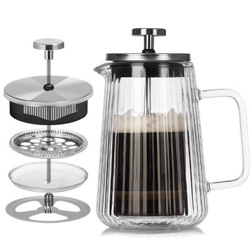 Transparent Elegant Ribbed Double Wall Glass French Press - 1000ml Heat Resistant Coffee and Tea Maker with Stainless Steel Filter - 0