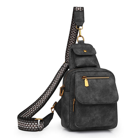 Black Stylish PU Leather Sling Crossbody Bag for Women - Multi-Pocket Chest Pack with Adjustable Wide Strap