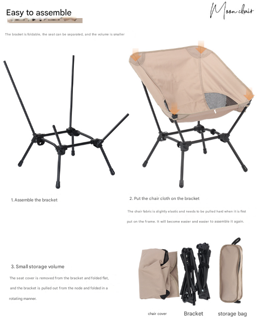 Khaki Lightweight Portable Camping Chair - Adjustable Height Folding Moon Chair with Breathable Mesh & Carry Bag for Outdoor, Beach, Fishing