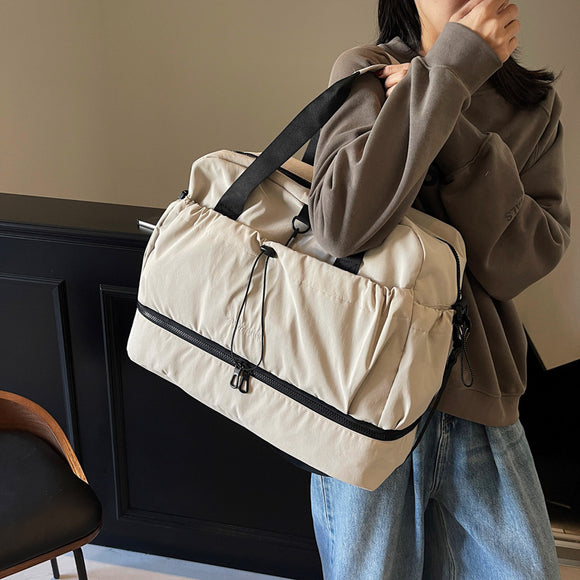 Beige and Black Large Capacity Travel Bag with Wet/Dry Separation - Canvas + Polyester, Lightweight Handbag for Short Trips and Fitness, Fits on Luggage