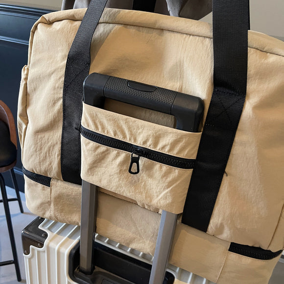 khaki and Black Large Capacity Travel Bag with Wet/Dry Separation - Canvas + Polyester, Lightweight Handbag for Short Trips and Fitness, Fits on Luggage