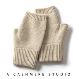 Beige Color Block Cashmere Fingerless Gloves for Women Autumn Winter Outdoor Cold Protection Warm Knitted Gloves