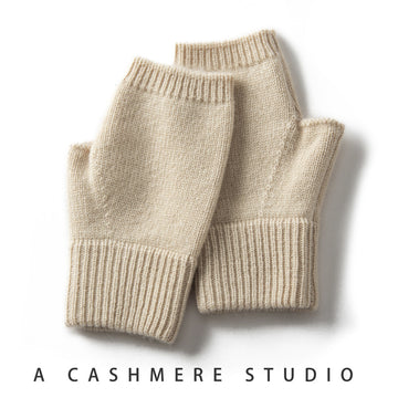 Beige Color Block Cashmere Fingerless Gloves for Women Autumn Winter Outdoor Cold Protection Warm Knitted Gloves