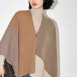Brown Pure Wool Extra Large Shawl Scarf Color Block Multi-functional Warm Cashmere Cape Poncho - 0