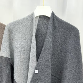 Grey Pure Wool Extra Large Shawl Scarf Color Block Multi-functional Warm Cashmere Cape Poncho - 0