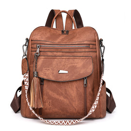 Brown Chic Women's PU Leather Convertible Backpack - Anti-Theft Design, Multi-Pocket Shoulder Bag with Tassel
