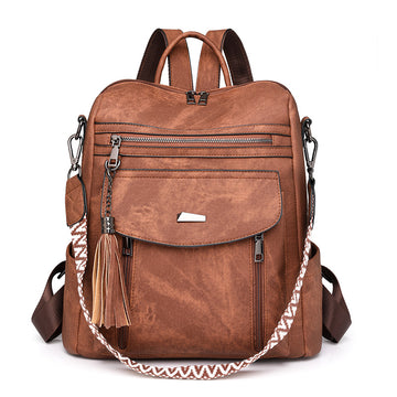Brown Chic Women's PU Leather Convertible Backpack - Anti-Theft Design, Multi-Pocket Shoulder Bag with Tassel