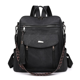 Black Chic Women's PU Leather Convertible Backpack - Anti-Theft Design, Multi-Pocket Shoulder Bag with Tassel