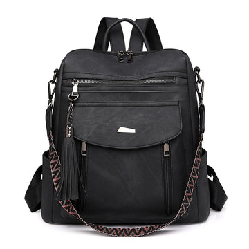 Black Chic Women's PU Leather Convertible Backpack - Anti-Theft Design, Multi-Pocket Shoulder Bag with Tassel