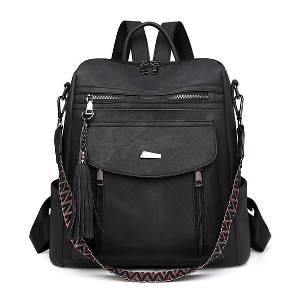 Black Chic Women's PU Leather Convertible Backpack - Anti-Theft Design, Multi-Pocket Shoulder Bag with Tassel