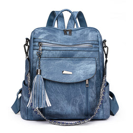 Blue Chic Women's PU Leather Convertible Backpack - Anti-Theft Design, Multi-Pocket Shoulder Bag with Tassel