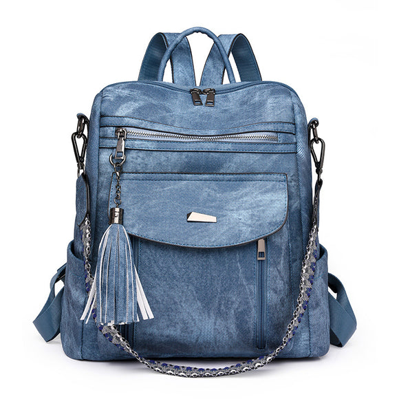 Blue Chic Women's PU Leather Convertible Backpack - Anti-Theft Design, Multi-Pocket Shoulder Bag with Tassel