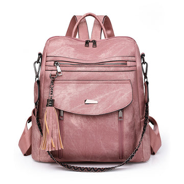 Pink Chic Women's PU Leather Convertible Backpack - Anti-Theft Design, Multi-Pocket Shoulder Bag with Tassel