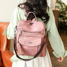 Pink Chic Women's PU Leather Convertible Backpack - Anti-Theft Design, Multi-Pocket Shoulder Bag with Tassel - 0