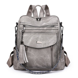 Grey Chic Women's PU Leather Convertible Backpack - Anti-Theft Design, Multi-Pocket Shoulder Bag with Tassel