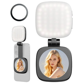 Black Magnetic Foldable Selfie Light with Mirror - Rechargeable LED Fill Light for iPhone & Android Vlogging(Mobile phone is a shooting prop and is not included)