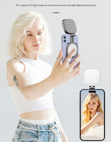 Black Magnetic Foldable Selfie Light with Mirror - Rechargeable LED Fill Light for iPhone & Android Vlogging(Mobile phone is a shooting prop and is not included) - 0