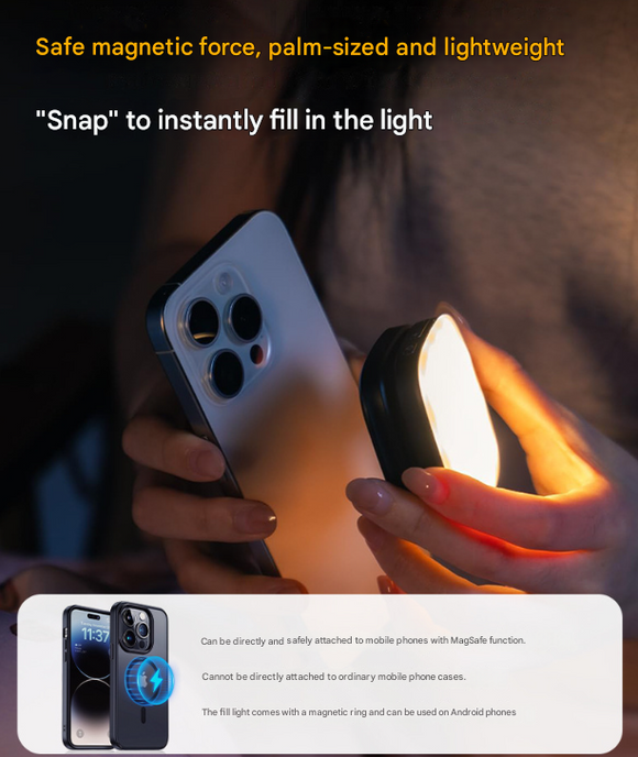 Black Magnetic Foldable Selfie Light with Mirror - Rechargeable LED Fill Light for iPhone & Android Vlogging(Mobile phone is a shooting prop and is not included)
