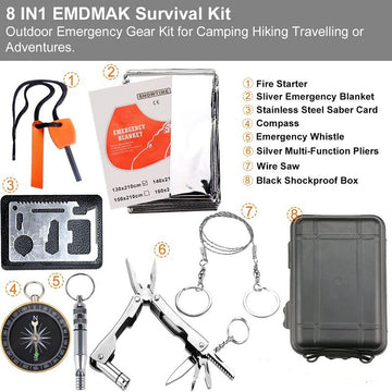 Black 8-in-1 Emergency Survival Kit - Compact Outdoor Gear for Camping, Hiking & Car - 0