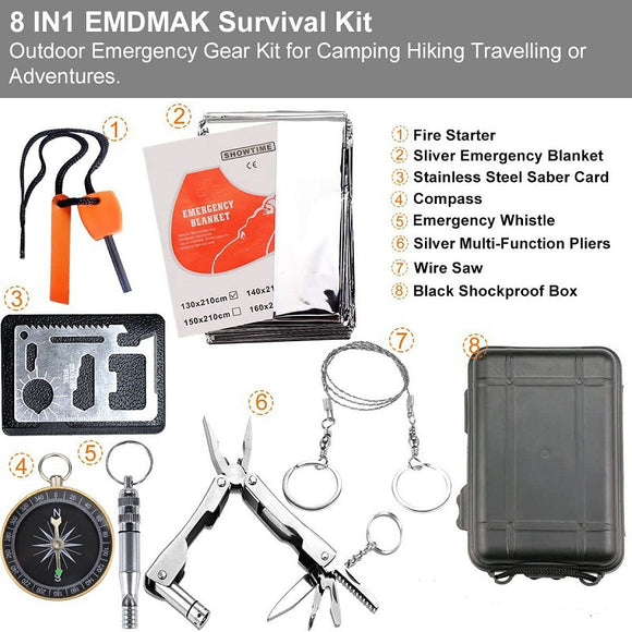 Black 8-in-1 Emergency Survival Kit - Compact Outdoor Gear for Camping, Hiking & Car
