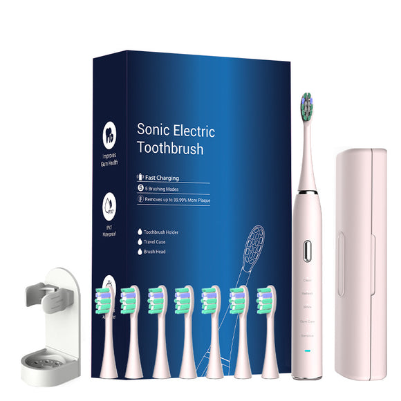 Pink Sonic Rechargeable Electric Toothbrush with 8 Heads & Travel Case - 5 Brushing Modes & Smart Timer(USB)