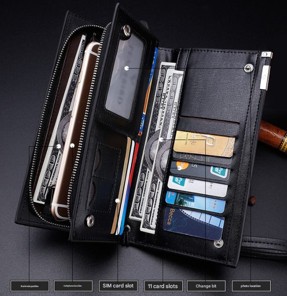 Black Men's Business Casual Long Wallet Clutch - PU Leather Large Capacity Phone & Card Holder with Wrist Strap
