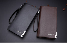 Brown Men's Business Casual Long Wallet Clutch - PU Leather Large Capacity Phone & Card Holder with Wrist Strap - 0